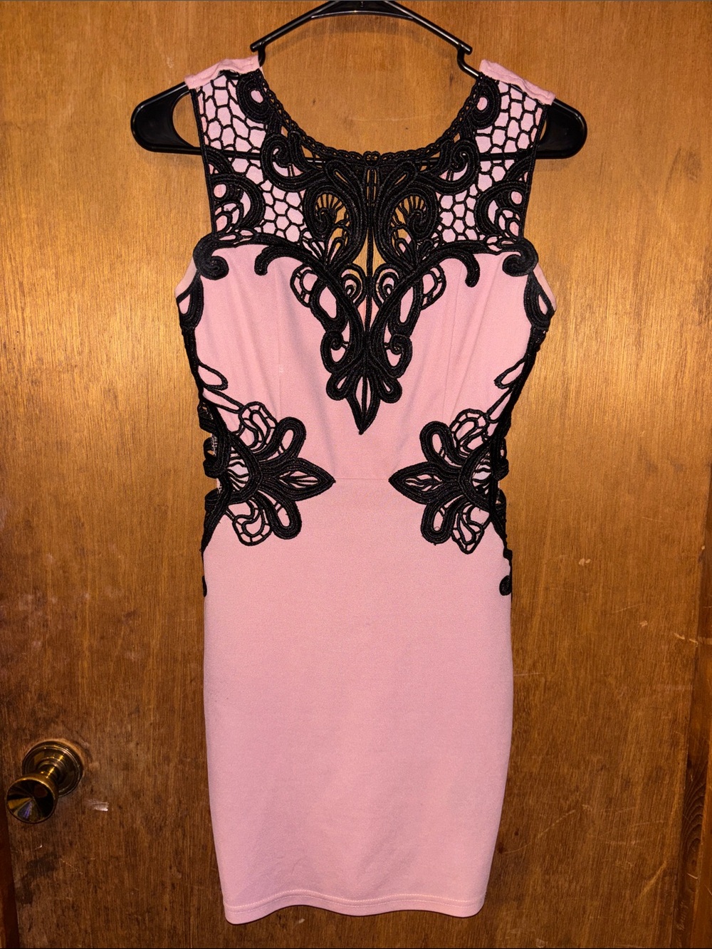 Sleeveless Pink Mini Dress with Black Lace Overlay